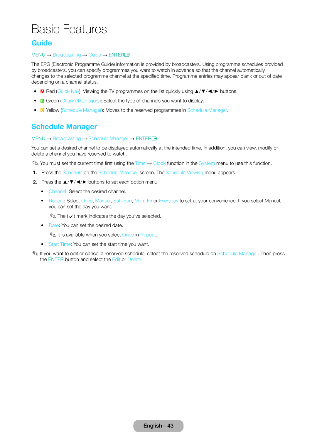 Samsung LT28D310EW/EN, LT24D310EW/EN, LT28D310EX/EN manual Schedule Manager, Menu → Broadcasting → Guide → Entere 