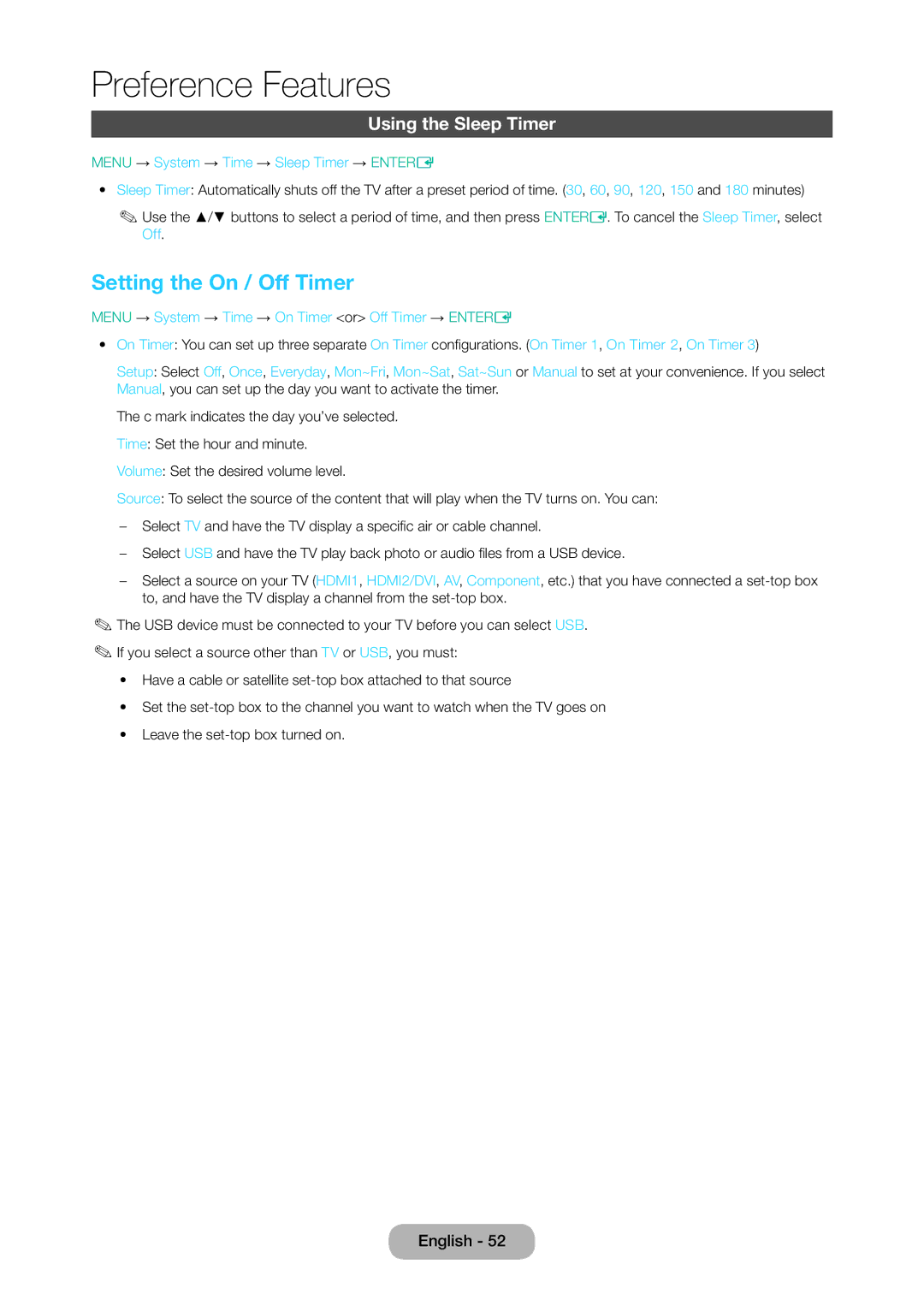 Samsung LT24D310EX/RU manual Setting the On / Off Timer, Using the Sleep Timer, Menu → System → Time → Sleep Timer → Entere 