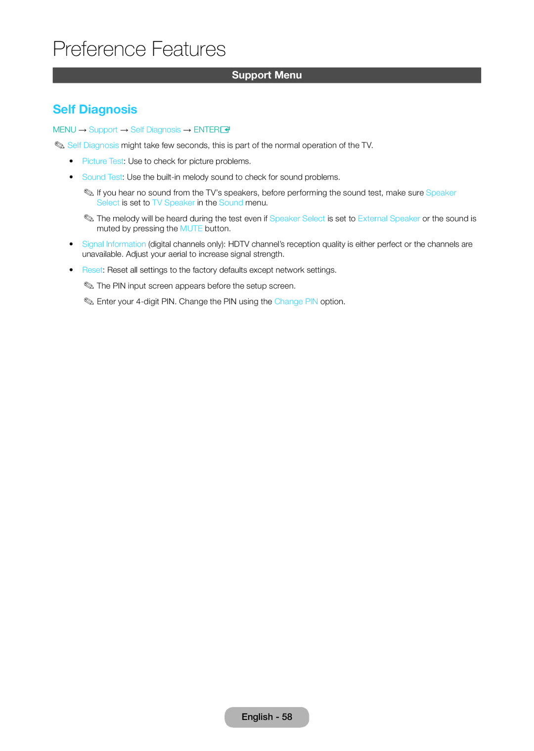 Samsung LT24D310EX/RU, LT24D310EW/EN, LT28D310EW/EN manual Support Menu, Menu → Support → Self Diagnosis → Entere 