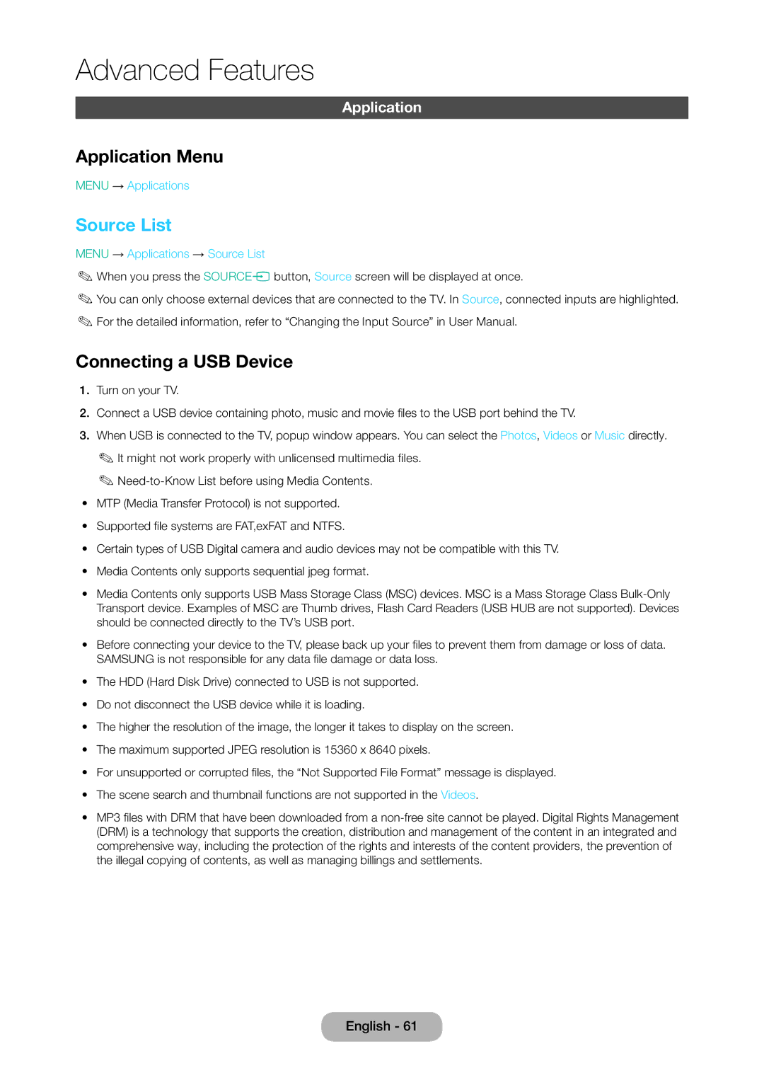 Samsung LT28D310EW/EN, LT24D310EW/EN, LT28D310EX/EN, LT24D310EX/EN Application Menu, Source List, Connecting a USB Device 