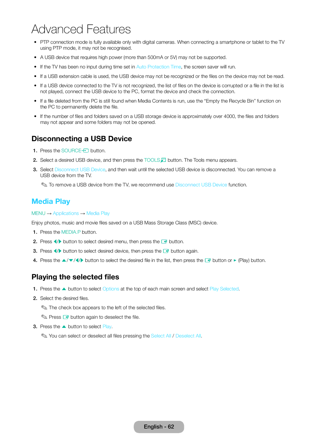 Samsung LT28D310EX/EN manual Disconnecting a USB Device, Playing the selected files, Menu → Applications → Media Play 