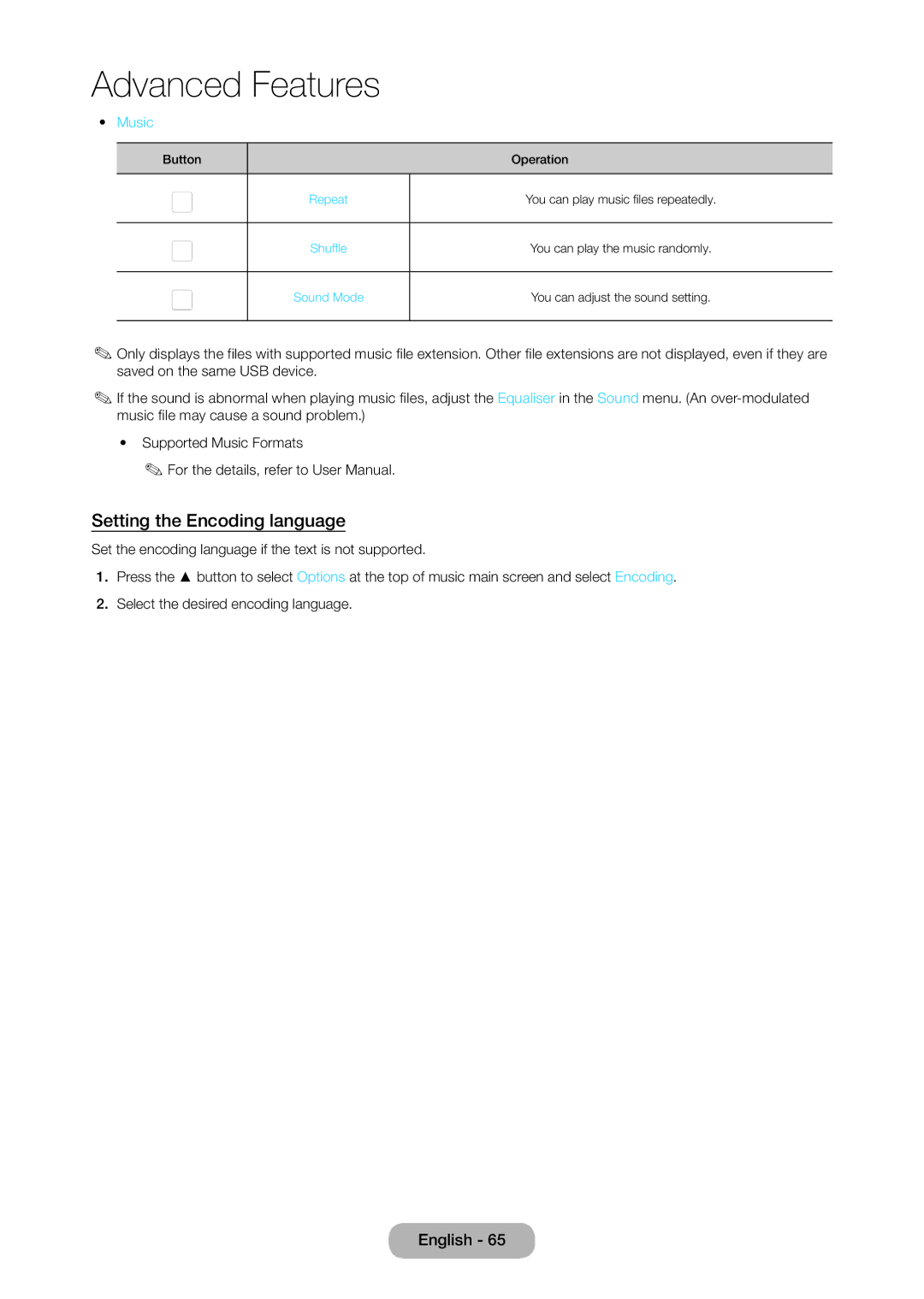 Samsung LT28D310EX/RU, LT24D310EW/EN, LT28D310EW/EN, LT28D310EX/EN, LT24D310EX/EN manual Setting the Encoding language, Music 