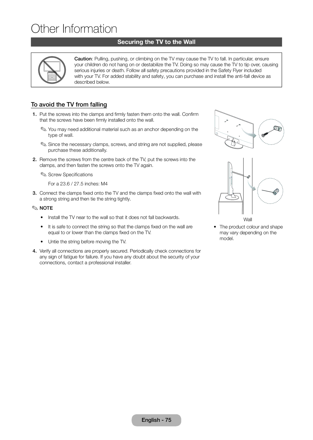 Samsung LT24D310EX/EN, LT24D310EW/EN, LT28D310EW/EN, LT28D310EX/EN Securing the TV to the Wall, To avoid the TV from falling 