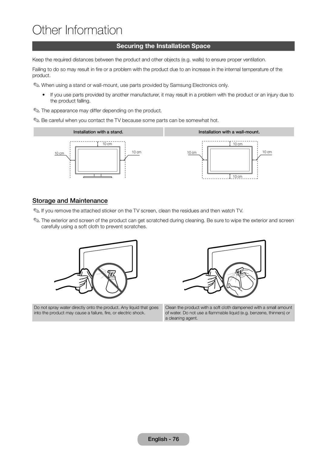 Samsung LT24D310EX/RU, LT24D310EW/EN, LT28D310EW/EN, LT28D310EX/EN Securing the Installation Space, Storage and Maintenance 