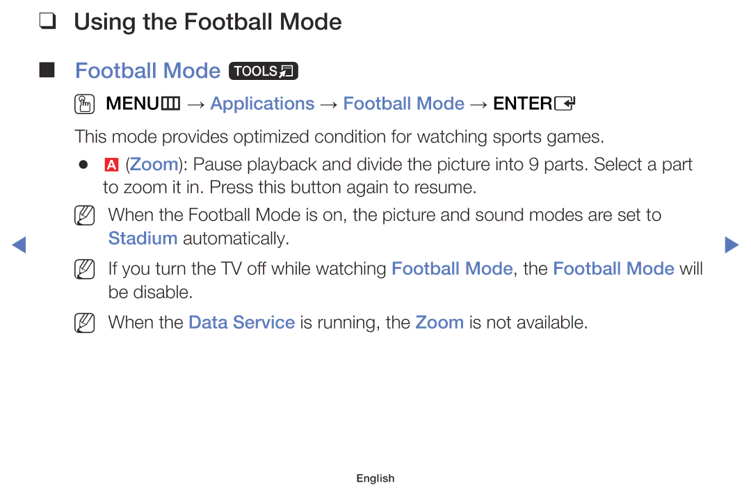 Samsung LT28D310EW/EN manual Using the Football Mode, Football Mode t, OO MENUm → Applications → Football Mode → Entere 