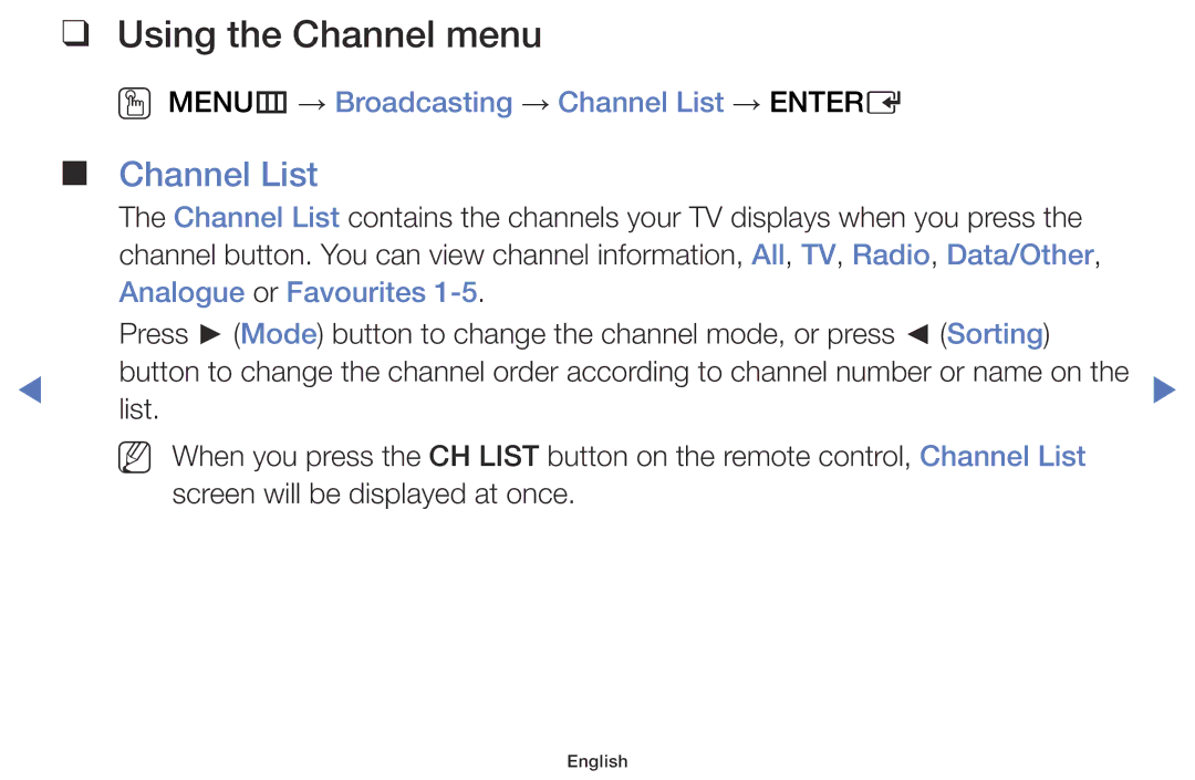 Samsung LT24D310EW/EN, LT28D310EW/EN manual Using the Channel menu, OO MENUm → Broadcasting → Channel List → Entere 