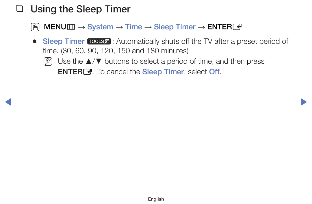 Samsung LT24D310EX/RU, LT24D310EW/EN, LT28D310EW/EN Using the Sleep Timer, OO MENUm → System → Time → Sleep Timer → Entere 