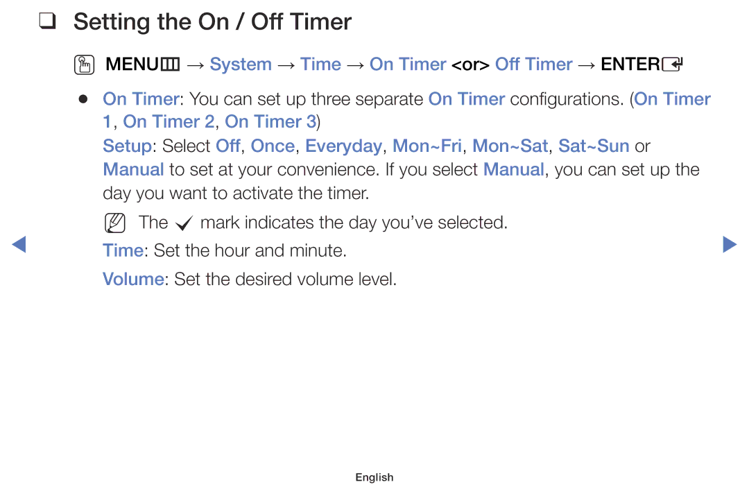 Samsung LT28D310EX/RU, LT24D310EW/EN Setting the On / Off Timer, OO MENUm → System → Time → On Timer or Off Timer → Entere 