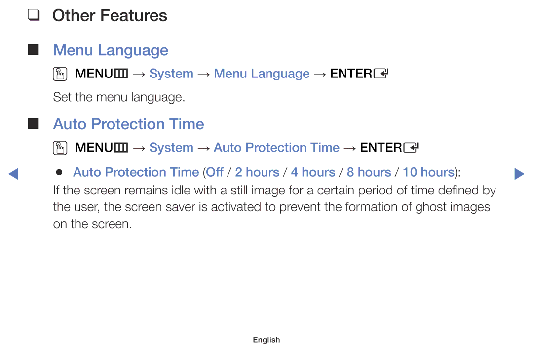 Samsung LT24D310EW/EN, LT28D310EW/EN, LT28D310EX/EN Auto Protection Time, OO MENUm → System → Menu Language → Entere 