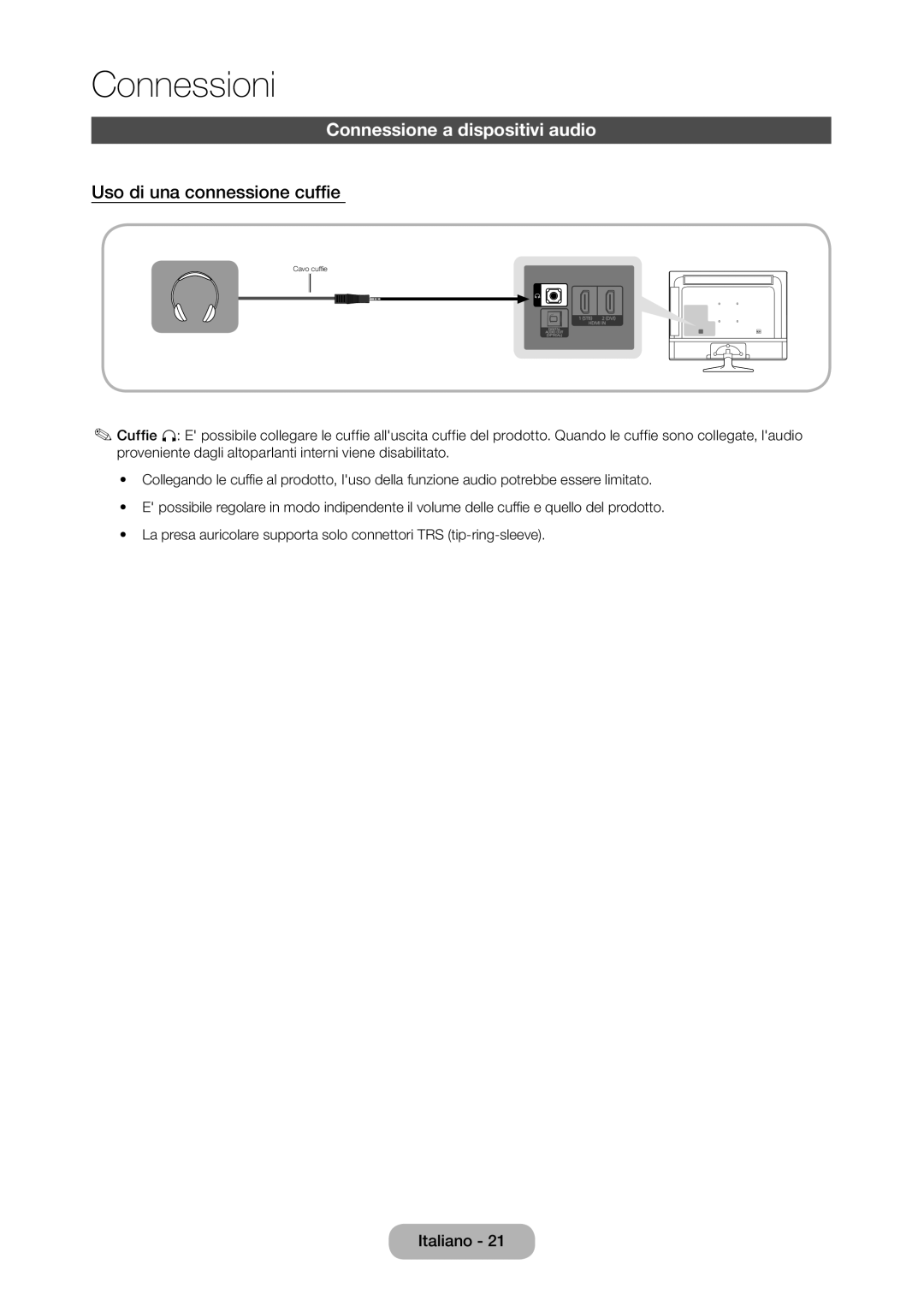 Samsung LT28D310EW/EN, LT24D310EW/EN, LT28D310EX/EN manual Connessione a dispositivi audio, Uso di una connessione cuffie  