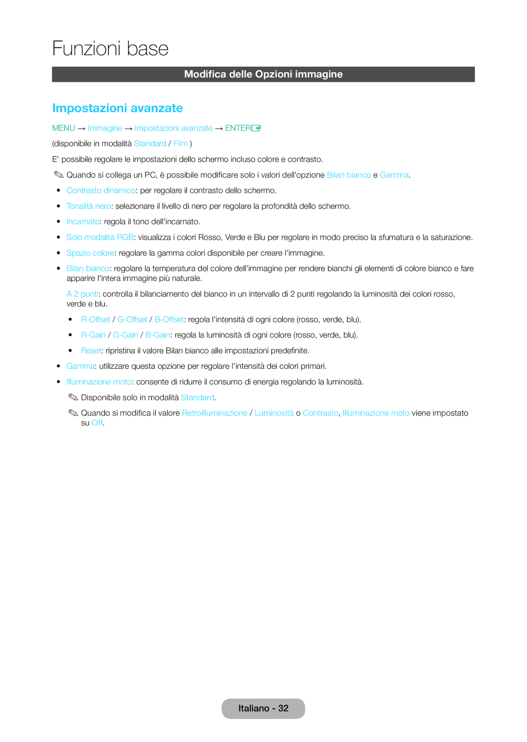 Samsung LT24D310EW/EN, LT28D310EW/EN, LT28D310EX/EN, LT24D310EX/EN Impostazioni avanzate, Modifica delle Opzioni immagine 