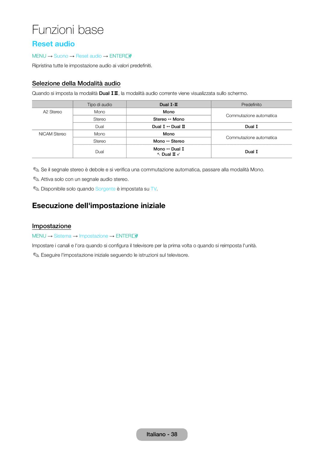 Samsung LT28D310EX/EN Reset audio, Esecuzione dellimpostazione iniziale, Selezione della Modalità audio, Impostazione 