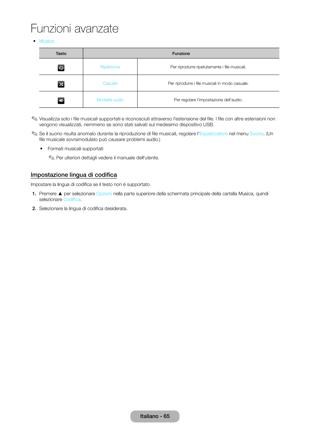 Samsung LT28D310EW/EN, LT24D310EW/EN, LT28D310EX/EN, LT24D310EX/EN manual Impostazione lingua di codifica, Musica 