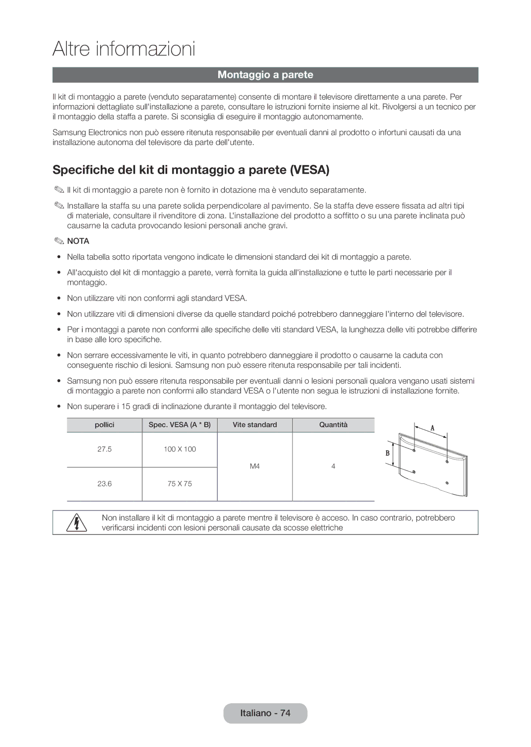 Samsung LT28D310EX/EN, LT24D310EW/EN, LT28D310EW/EN manual Specifiche del kit di montaggio a parete Vesa, Montaggio a parete 