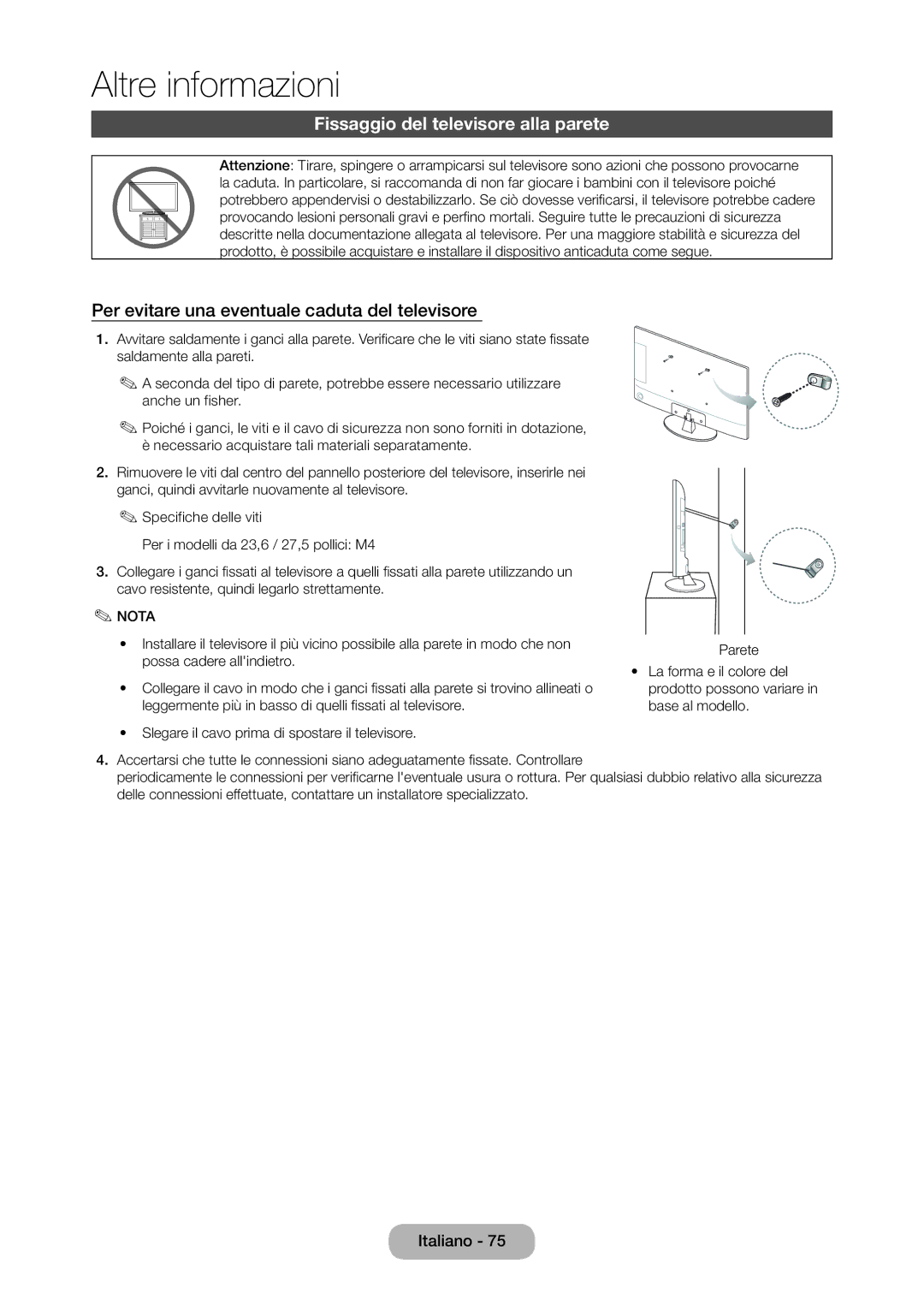 Samsung LT24D310EX/EN, LT24D310EW/EN Fissaggio del televisore alla parete, Per evitare una eventuale caduta del televisore 