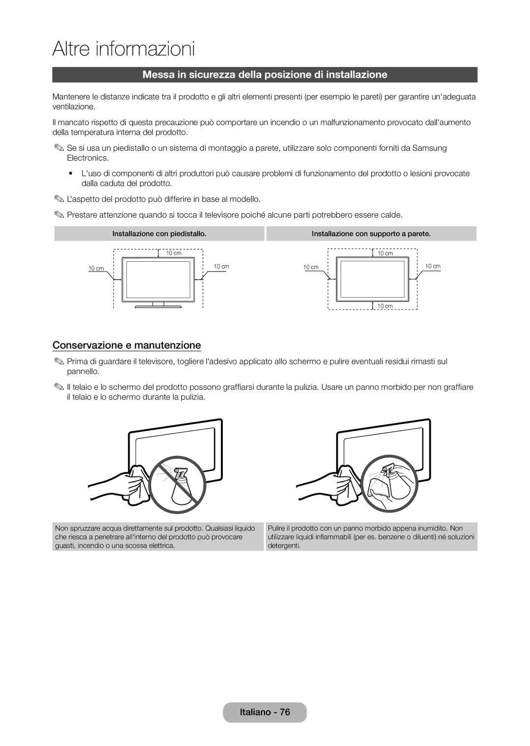 Samsung LT24D310EW/EN, LT28D310EW/EN Messa in sicurezza della posizione di installazione, Conservazione e manutenzione 