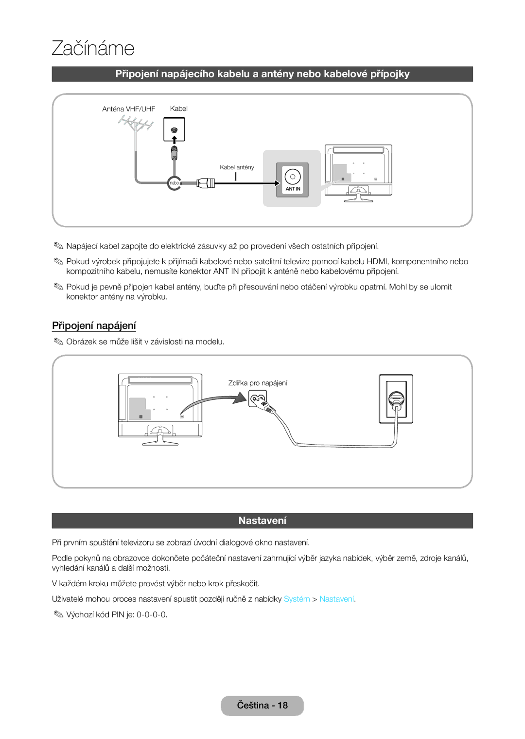 Samsung LT28D310EX/EN manual Připojení napájecího kabelu a antény nebo kabelové přípojky, Připojení napájení, Nastavení 