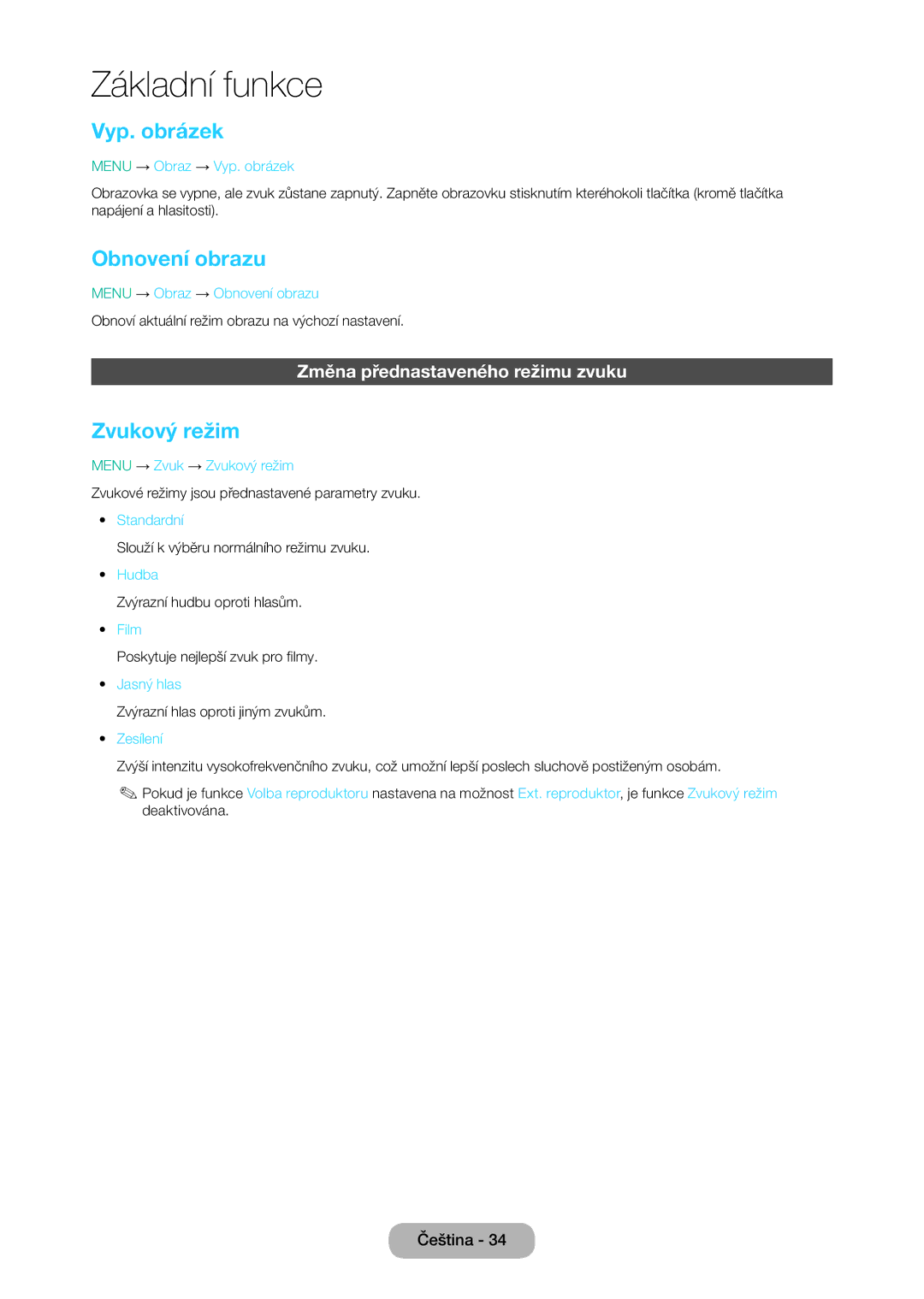 Samsung LT28D310EX/EN, LT24D310EW/EN manual Vyp. obrázek, Obnovení obrazu, Zvukový režim, Změna přednastaveného režimu zvuku 