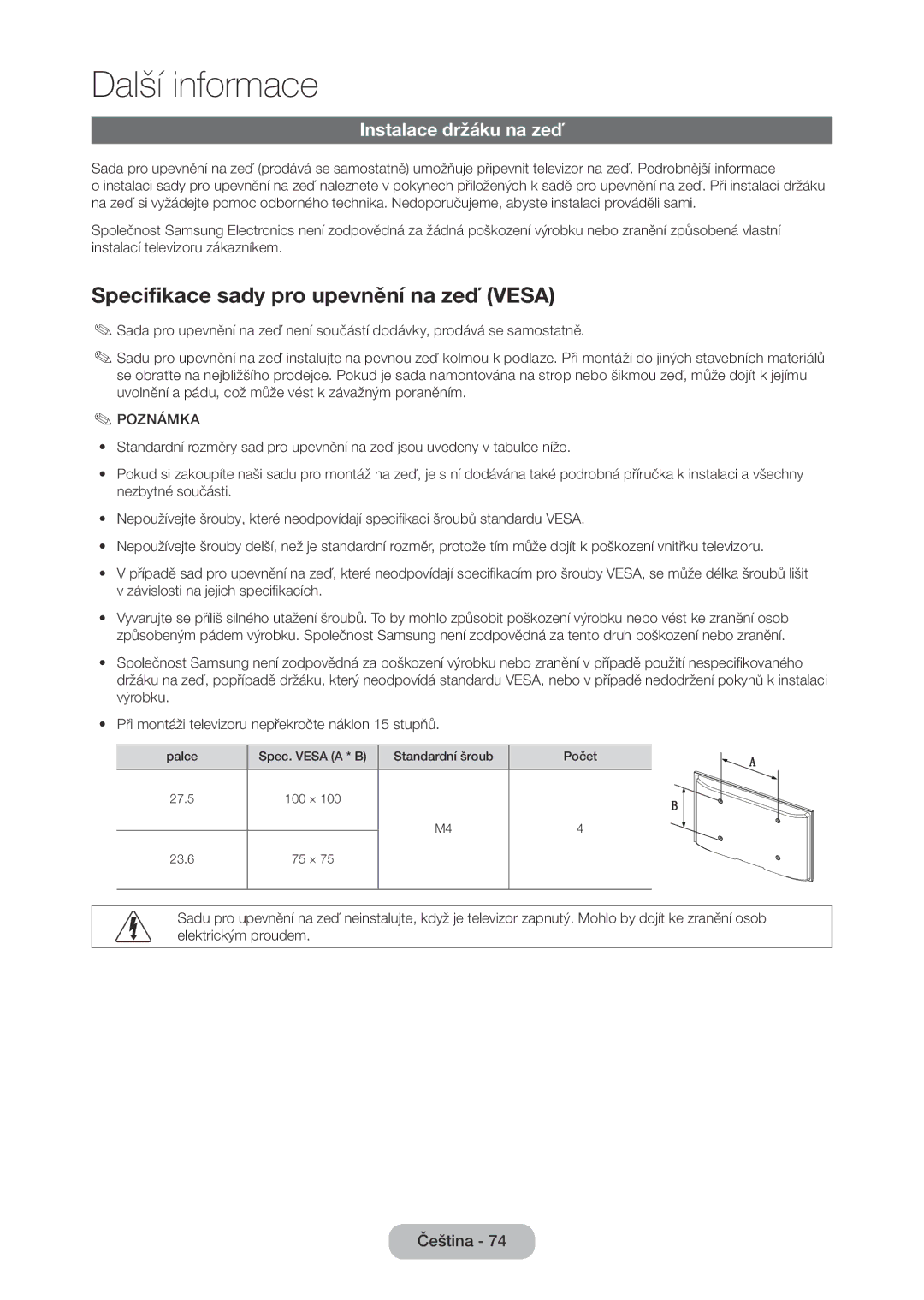 Samsung LT28D310EX/EN, LT24D310EW/EN, LT28D310EW/EN manual Specifikace sady pro upevnění na zeď Vesa, Instalace držáku na zeď 