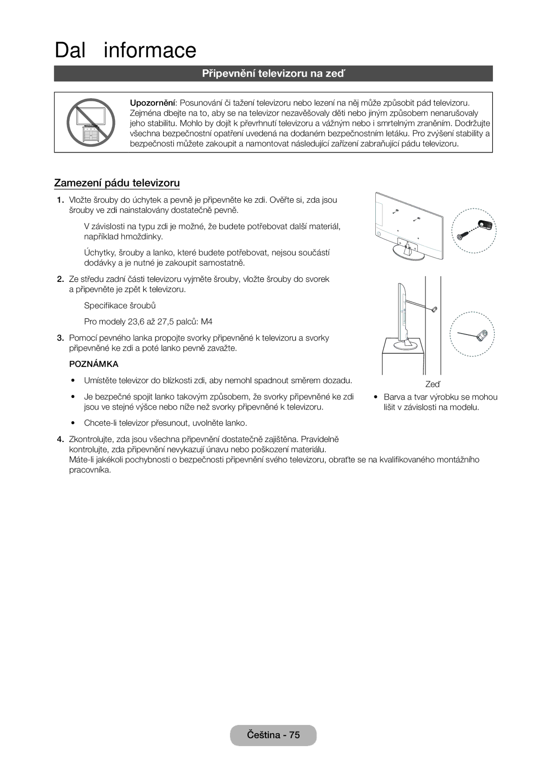 Samsung LT24D310EX/EN, LT24D310EW/EN, LT28D310EW/EN, LT28D310EX/EN Připevnění televizoru na zeď, Zamezení pádu televizoru 