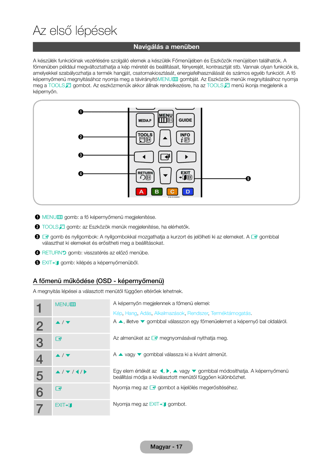 Samsung LT28D310EW/EN manual Navigálás a menüben, Főmenü működése OSD képernyőmenü, Képernyőn megjelennek a főmenü elemei 