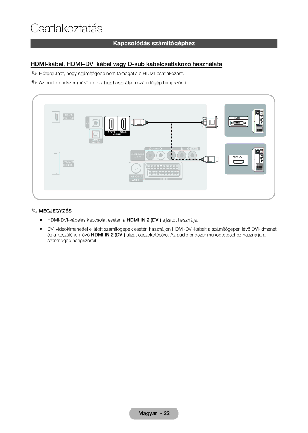 Samsung LT28D310EX/EN, LT24D310EW/EN, LT28D310EW/EN, LT24D310EX/EN manual Kapcsolódás számítógéphez 