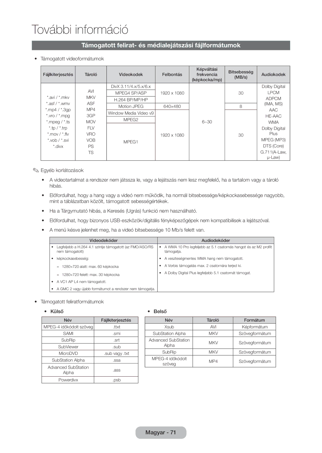 Samsung LT24D310EX/EN manual Támogatott felirat- és médialejátszási fájlformátumok, Támogatott videoformátumok, Belső 