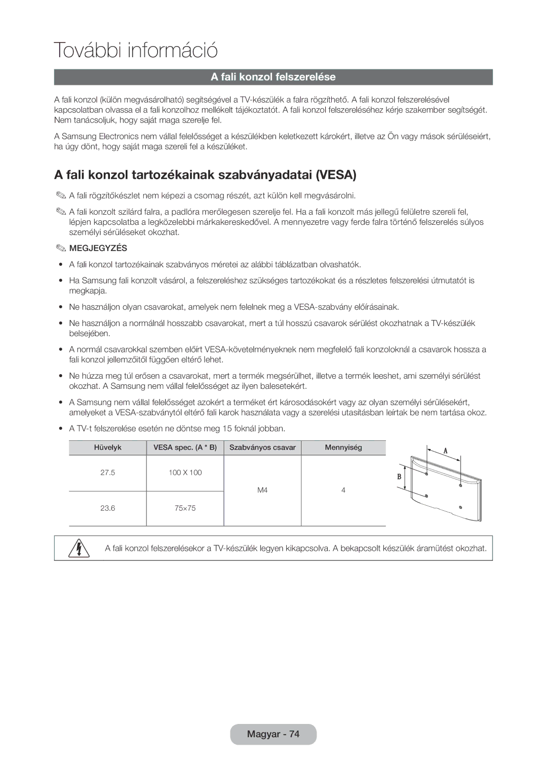 Samsung LT28D310EX/EN, LT24D310EW/EN, LT28D310EW/EN Fali konzol tartozékainak szabványadatai Vesa, Fali konzol felszerelése 