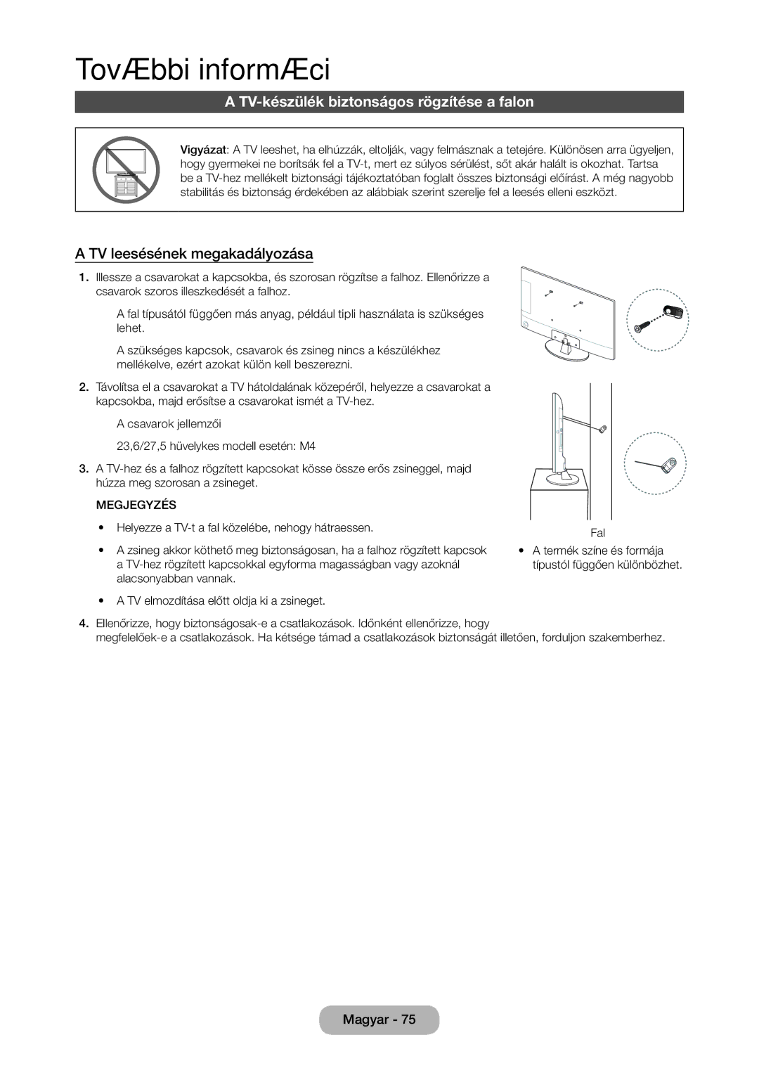 Samsung LT24D310EX/EN, LT24D310EW/EN manual TV-készülék biztonságos rögzítése a falon, TV leesésének megakadályozása 