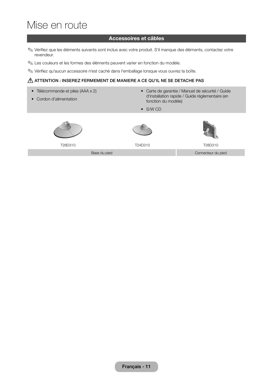 Samsung LT28D310EW/EN, LT24D310EW/EN manual Accessoires et câbles 