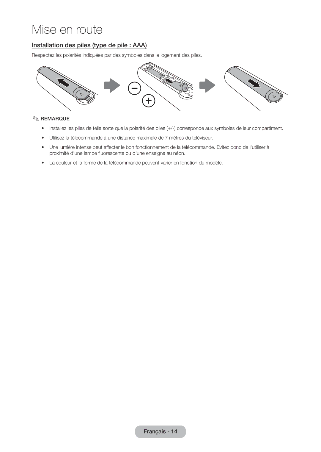 Samsung LT24D310EW/EN, LT28D310EW/EN manual Installation des piles type de pile AAA, Remarque 