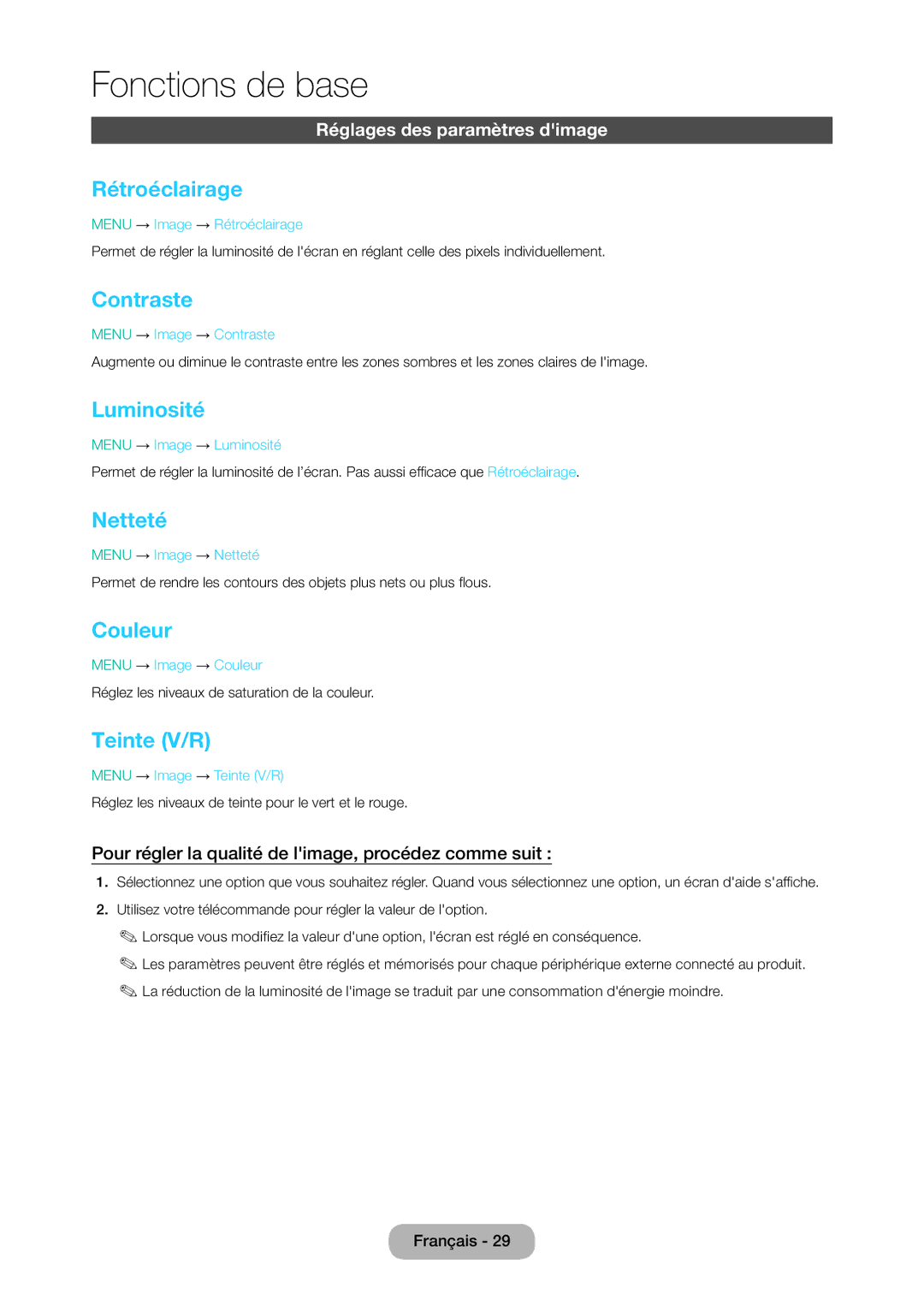 Samsung LT28D310EW/EN, LT24D310EW/EN manual Rétroéclairage, Contraste, Luminosité, Netteté, Couleur, Teinte V/R 