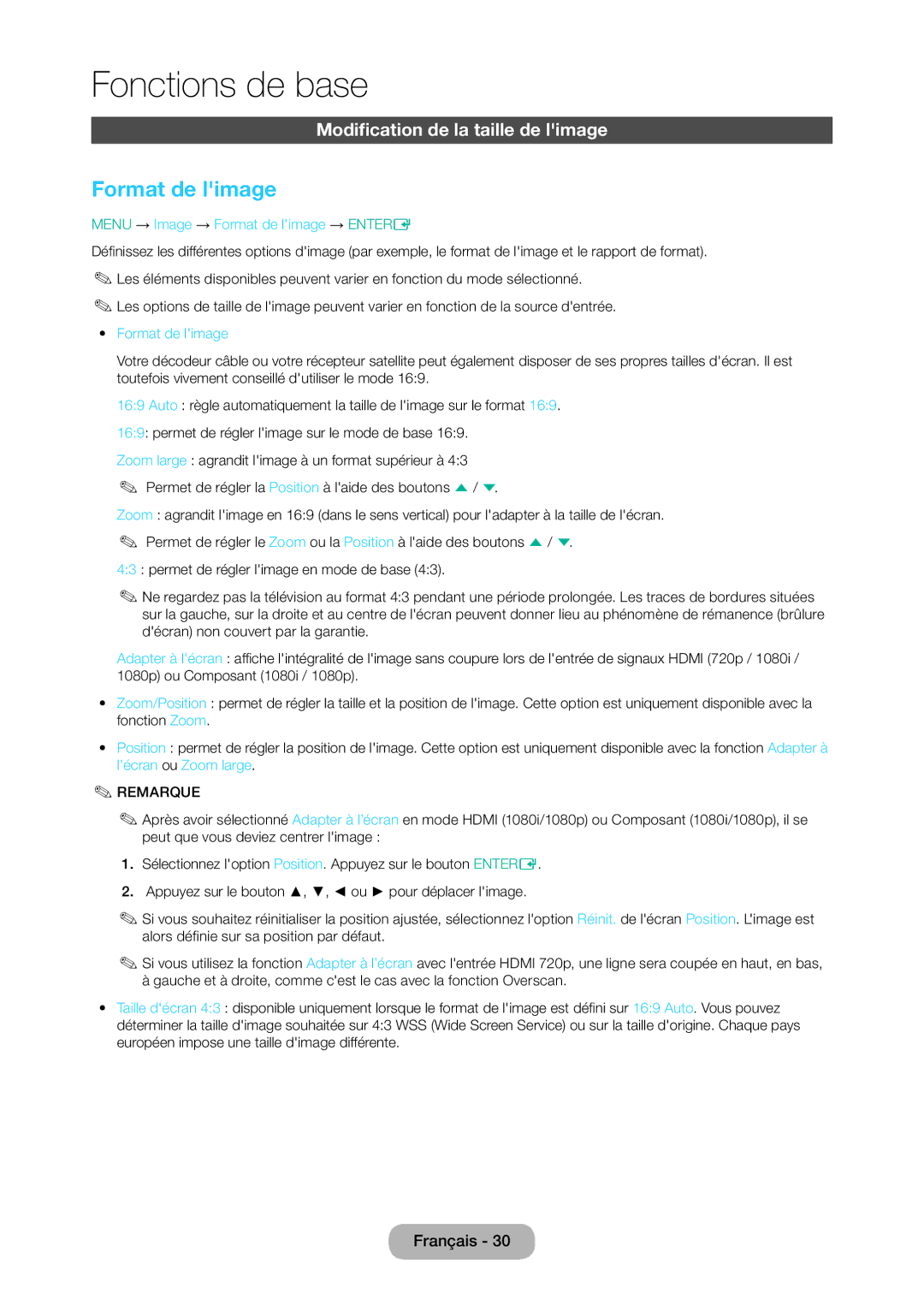 Samsung LT24D310EW/EN, LT28D310EW/EN Modification de la taille de limage , Menu → Image → Format de limage → Entere 