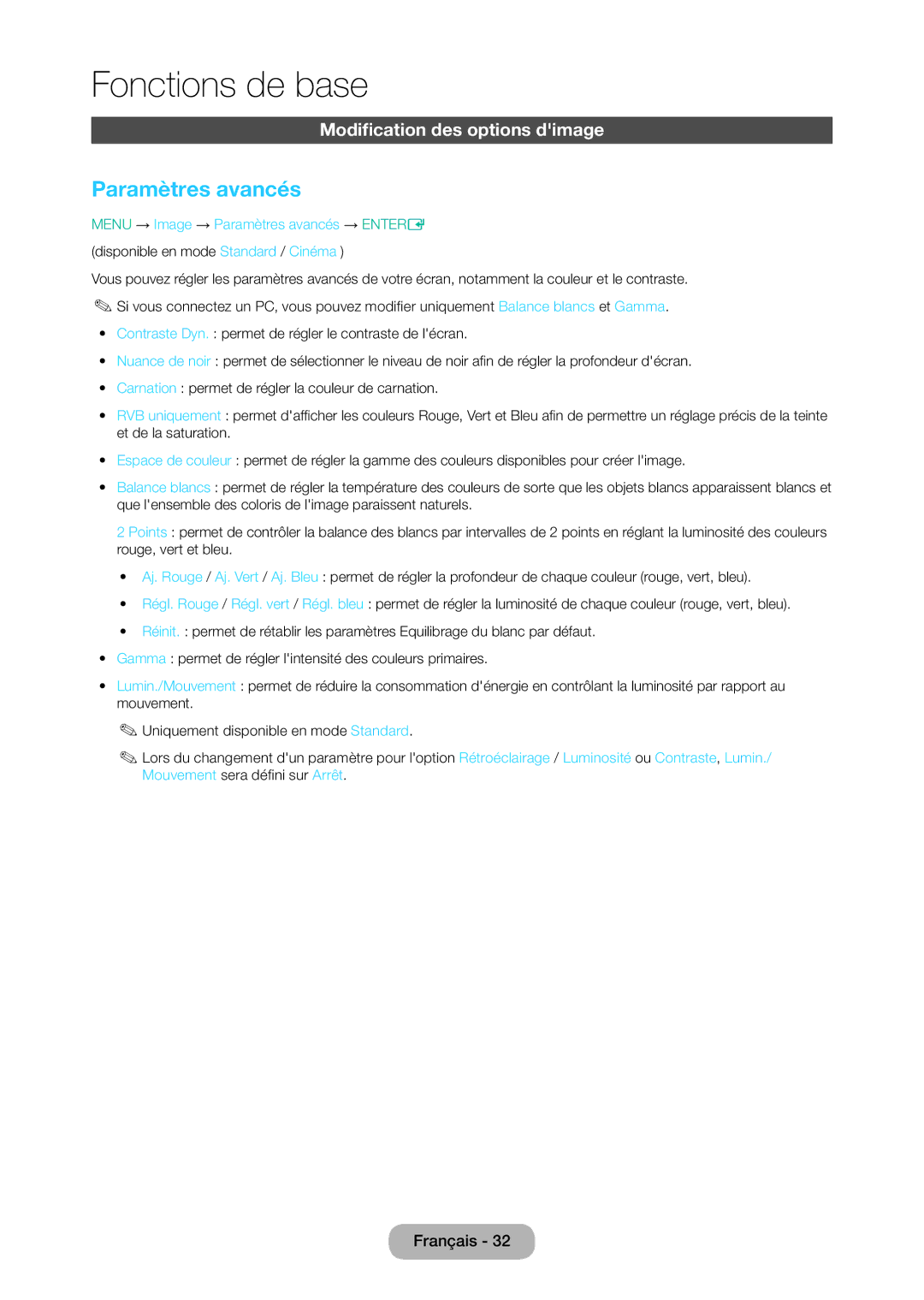 Samsung LT24D310EW/EN, LT28D310EW/EN manual Paramètres avancés, Modification des options dimage 