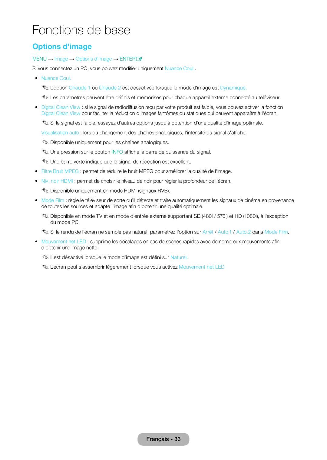 Samsung LT28D310EW/EN, LT24D310EW/EN manual Menu → Image → Options dimage → Entere, Nuance Coul 