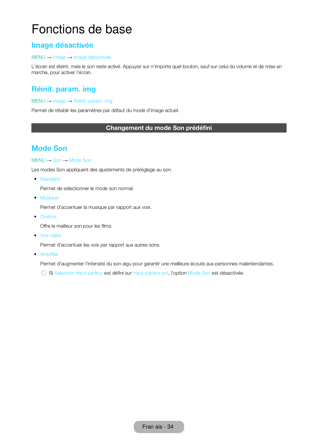 Samsung LT24D310EW/EN, LT28D310EW/EN manual Image désactivée, Réinit. param. img, Mode Son, Changement du mode Son prédéfini 