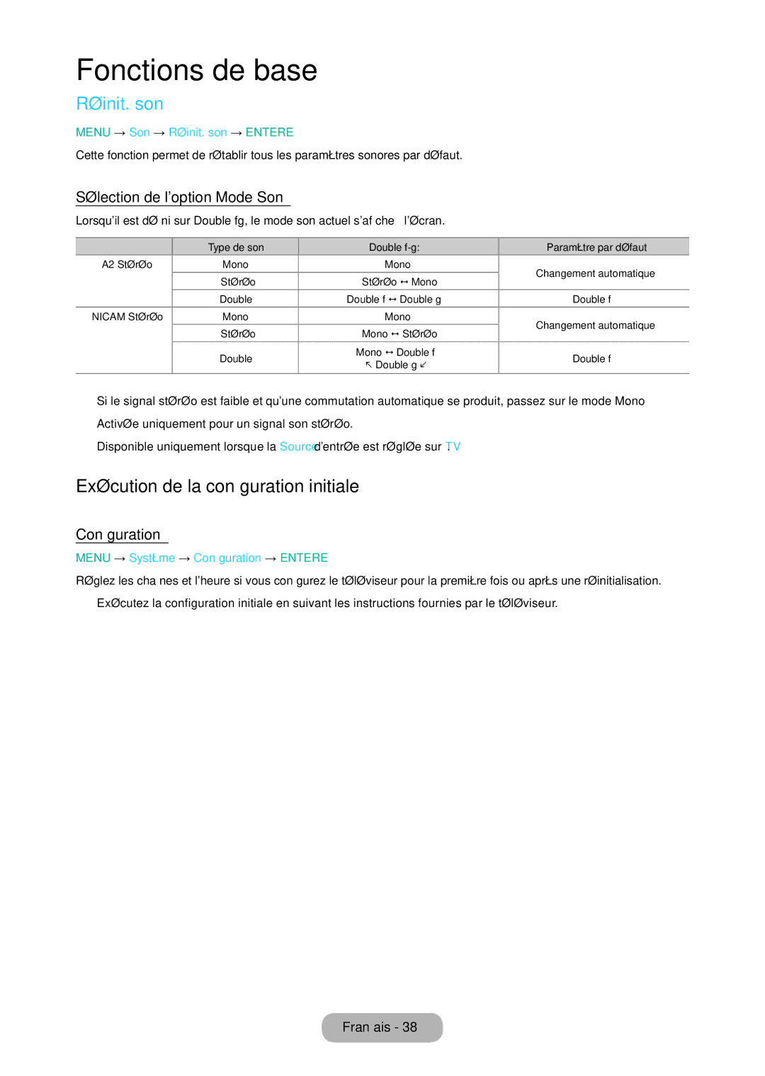 Samsung LT24D310EW/EN Réinit. son, Exécution de la configuration initiale, Sélection de loption Mode Son, Configuration 