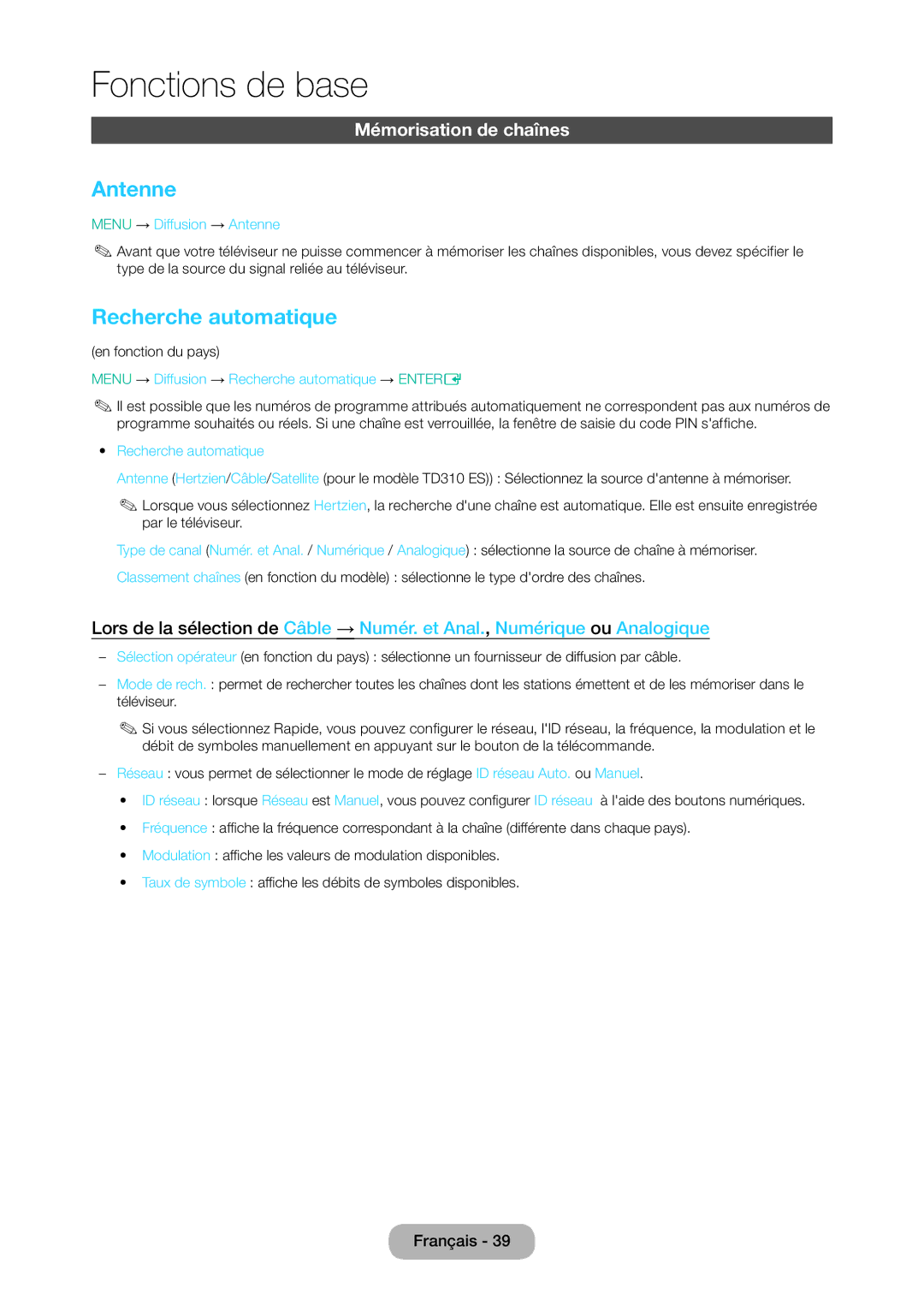 Samsung LT28D310EW/EN, LT24D310EW/EN manual Antenne, Recherche automatique, Mémorisation de chaînes 