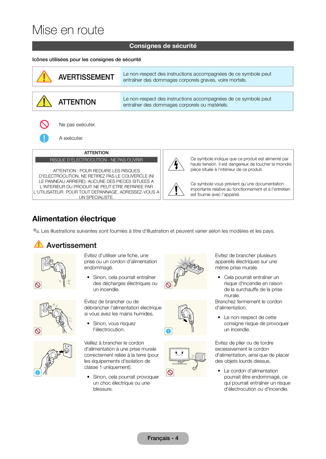 Samsung LT24D310EW/EN Alimentation électrique, Consignes de sécurité, Icônes utilisées pour les consignes de sécurité 