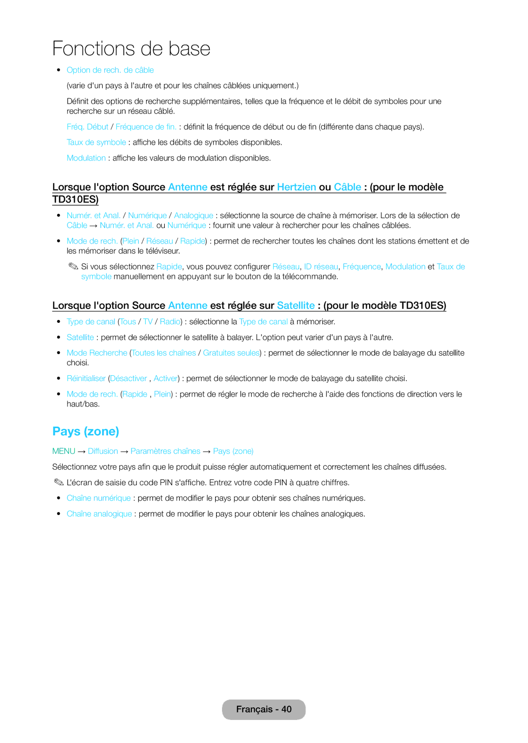 Samsung LT24D310EW/EN, LT28D310EW/EN manual Option de rech. de câble, Menu → Diffusion → Paramètres chaînes → Pays zone 