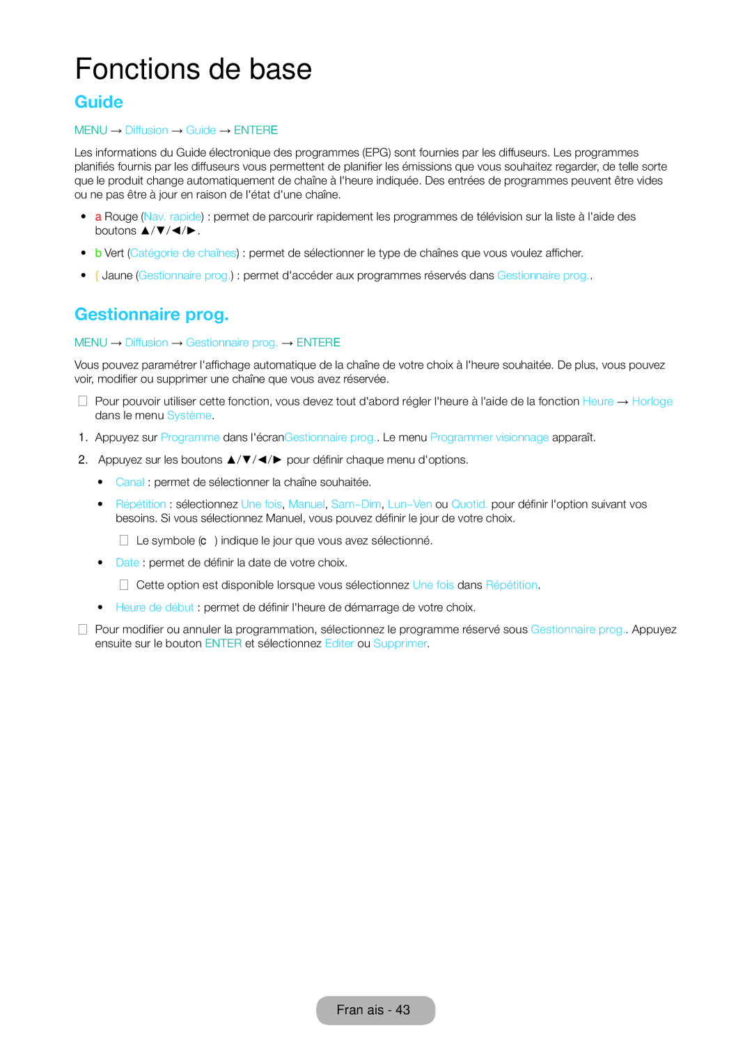 Samsung LT28D310EW/EN, LT24D310EW/EN manual Gestionnaire prog, Menu → Diffusion → Guide → Entere 