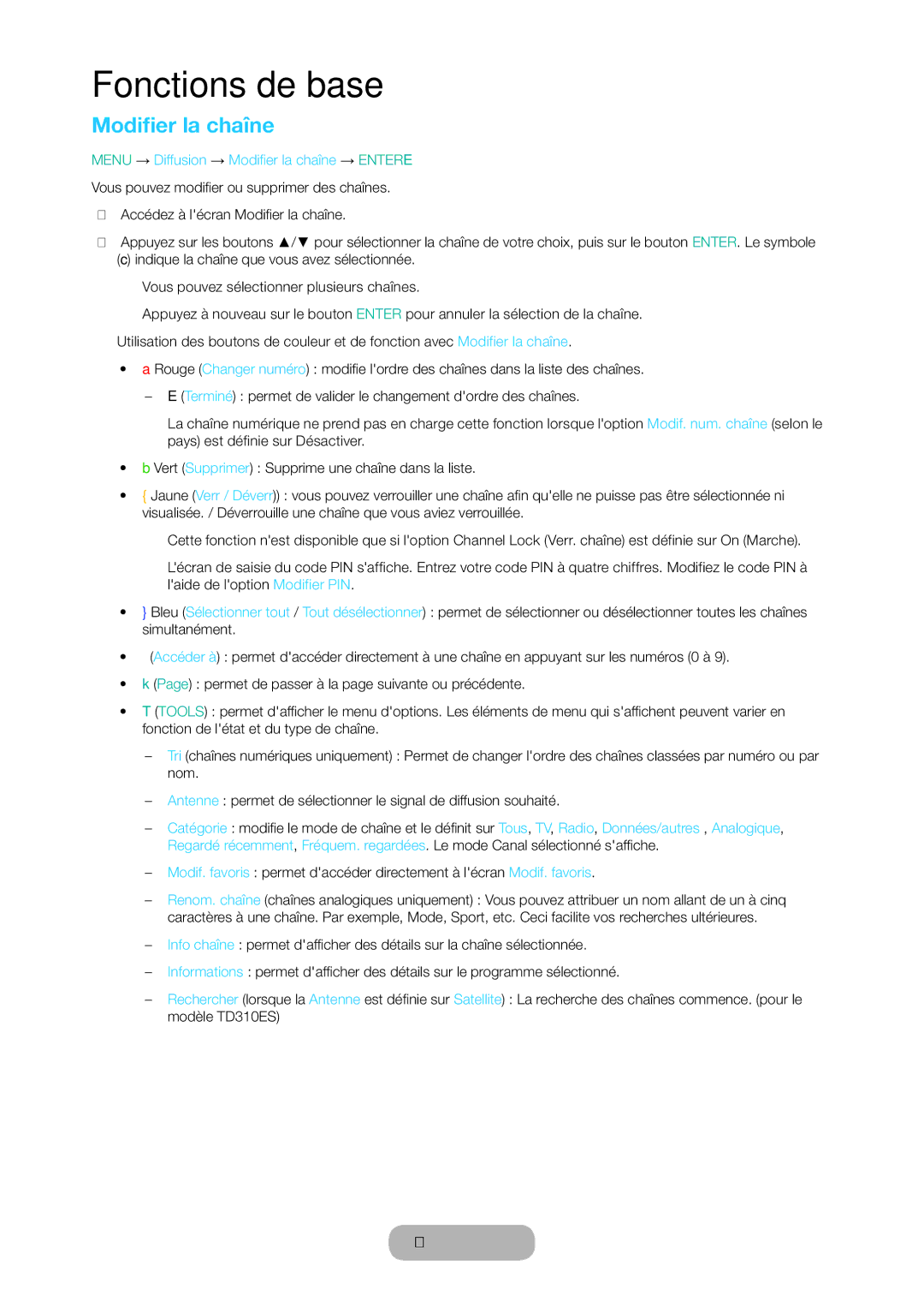 Samsung LT24D310EW/EN, LT28D310EW/EN manual Menu → Diffusion → Modifier la chaîne → Entere 