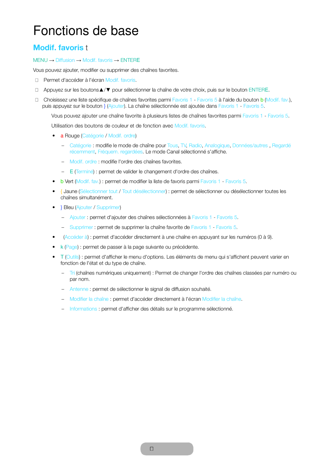 Samsung LT28D310EW/EN manual Modif. favoris t, Menu → Diffusion → Modif. favoris → Entere, Bleu Ajouter / Supprimer 