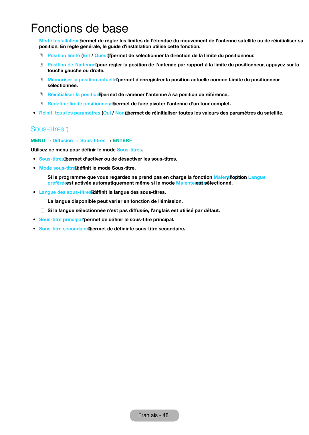 Samsung LT24D310EW/EN Sous-titres t, Menu → Diffusion → Sous-titres → Entere, Mode Sous-titres, Mode sous-titre définit le 