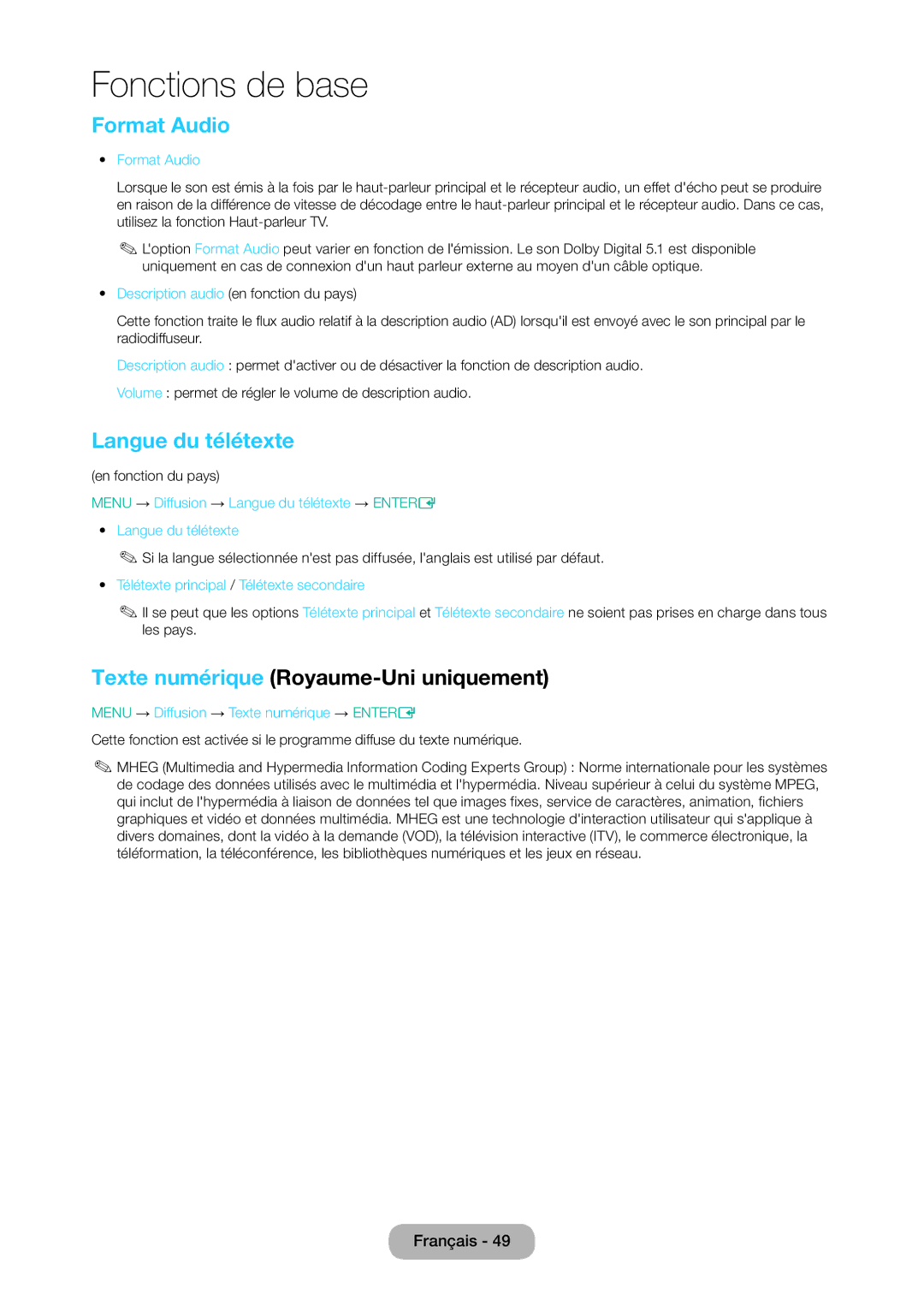 Samsung LT28D310EW/EN, LT24D310EW/EN manual Format Audio, Langue du télétexte, Texte numérique Royaume-Uni uniquement 