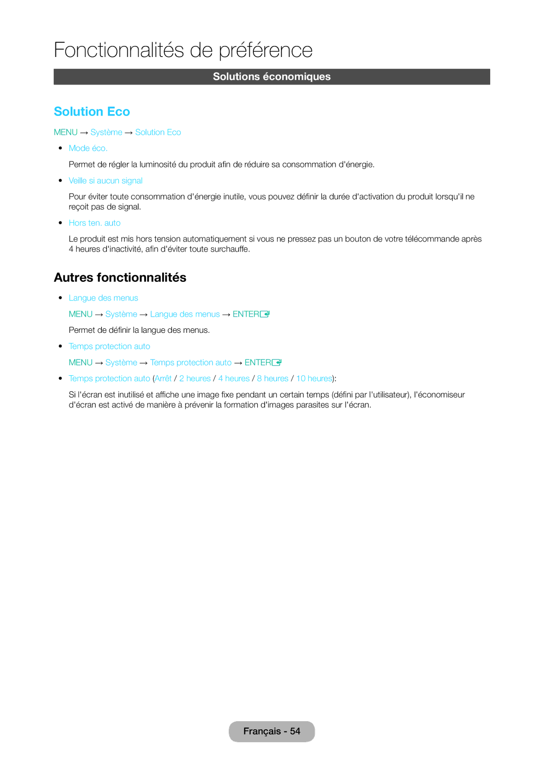 Samsung LT24D310EW/EN, LT28D310EW/EN manual Solution Eco, Autres fonctionnalités, Solutions économiques  