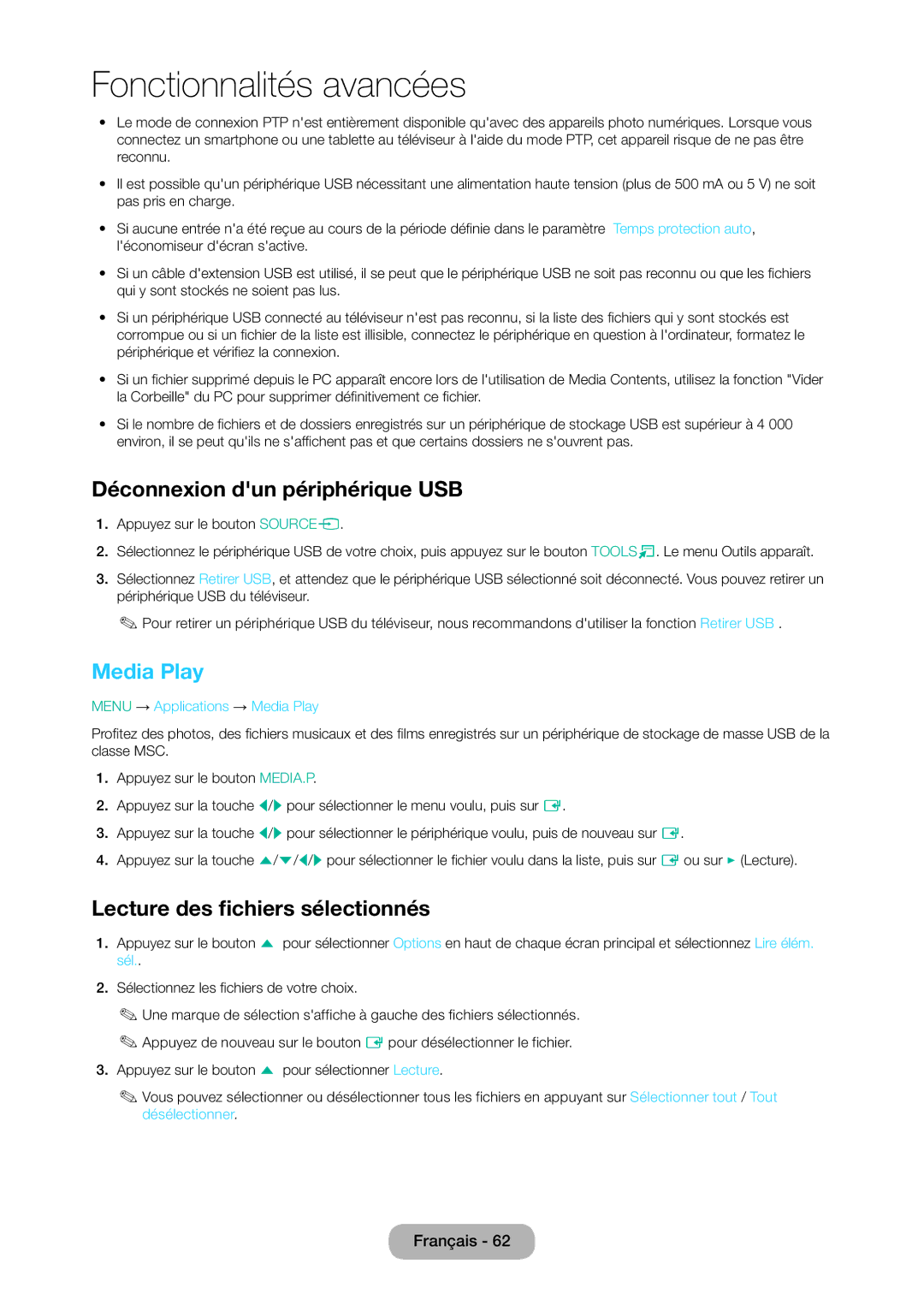 Samsung LT24D310EW/EN, LT28D310EW/EN manual Déconnexion dun périphérique USB, Media Play, Lecture des fichiers sélectionnés 