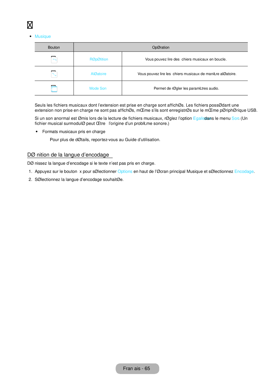 Samsung LT28D310EW/EN, LT24D310EW/EN manual Définition de la langue dencodage, Musique 