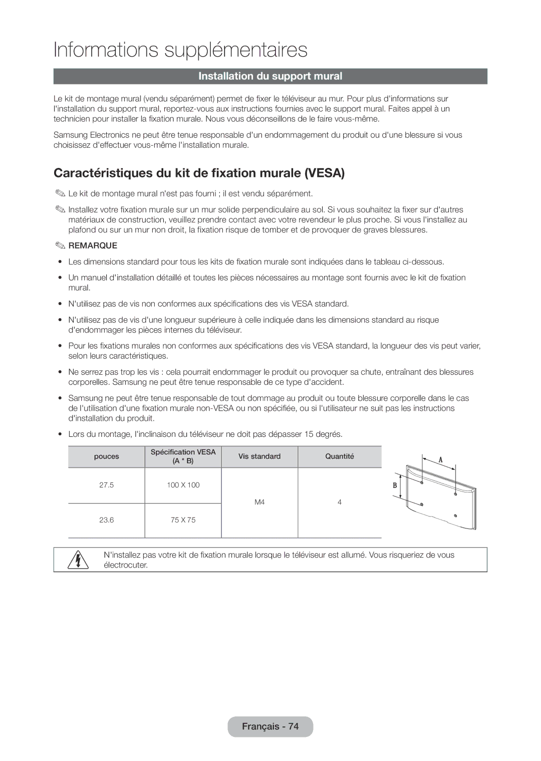 Samsung LT24D310EW/EN, LT28D310EW/EN manual Caractéristiques du kit de fixation murale Vesa, Installation du support mural 