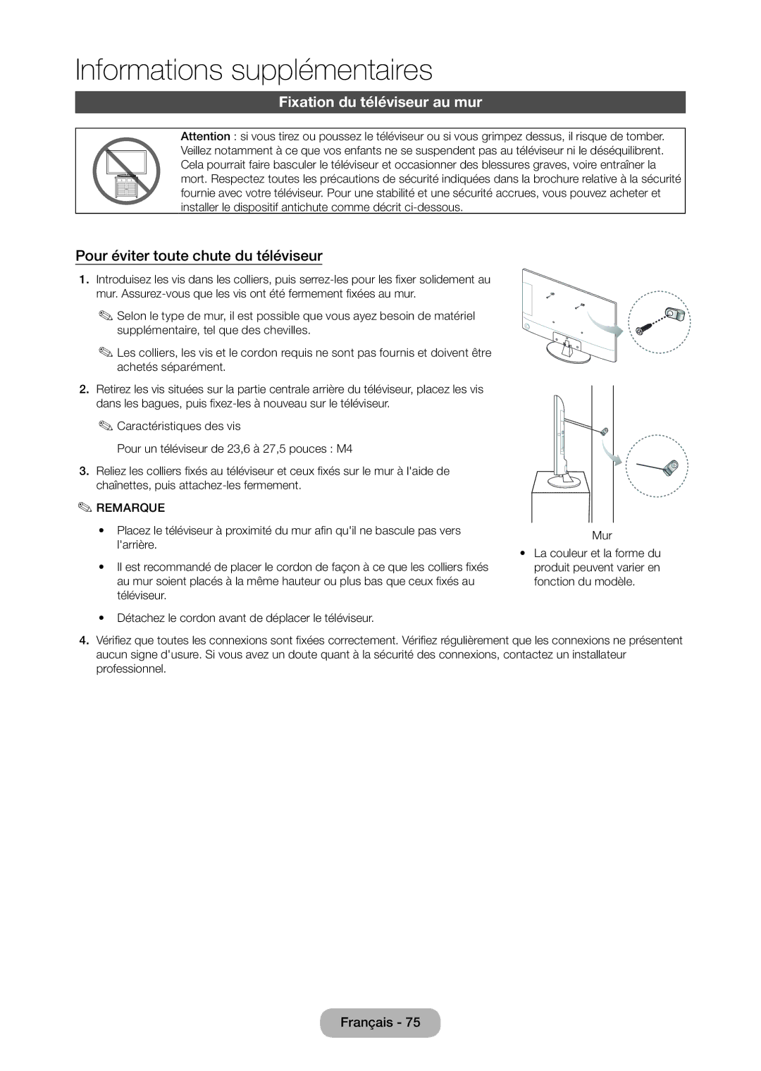 Samsung LT28D310EW/EN, LT24D310EW/EN manual Fixation du téléviseur au mur, Pour éviter toute chute du téléviseur 